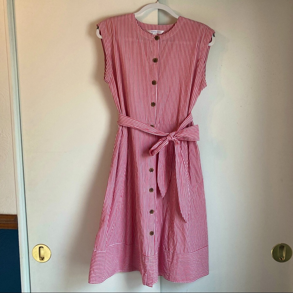 Red / Dark Pink and White Pinstripe Button-Down Dress Vintage Style Shirtdress